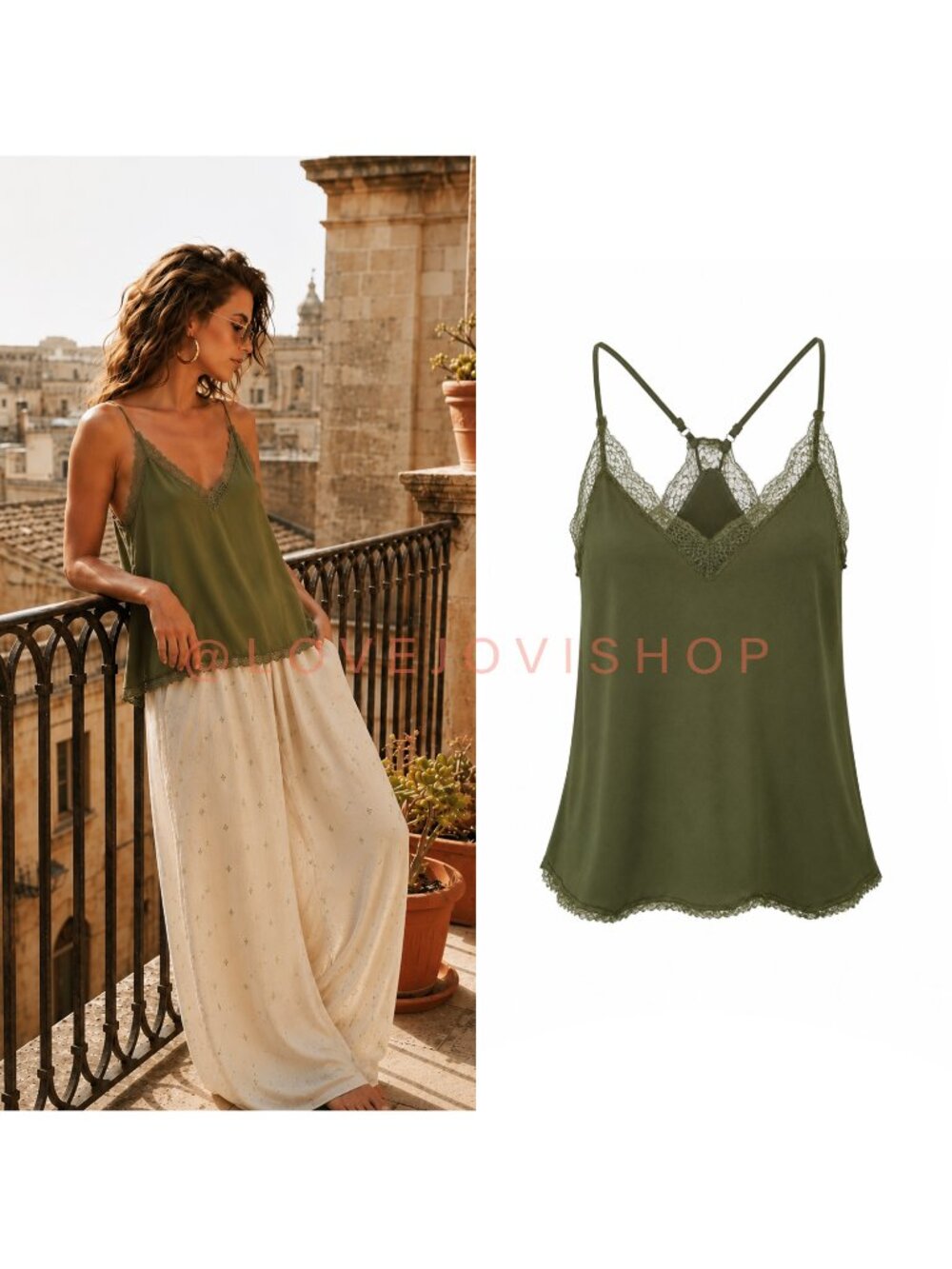 Feminine Boho | Olive Green Lace Spaghetti Strap Cami | 2X Longline